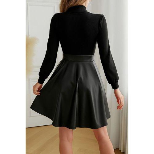 Kadın Uzun Kollu Balıkçı Yaka üst Kaşkorse Alt Deri Detaylı Mini Elbise