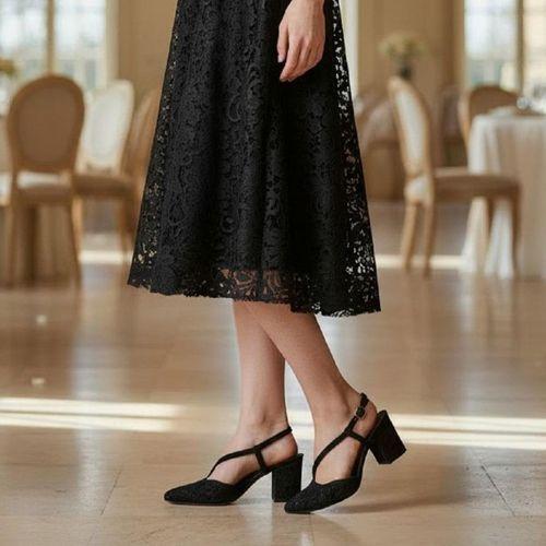 Fiyra 7013 Siyah Simli Kalın Kare Topuk Abiye Stiletto Ayakkabı