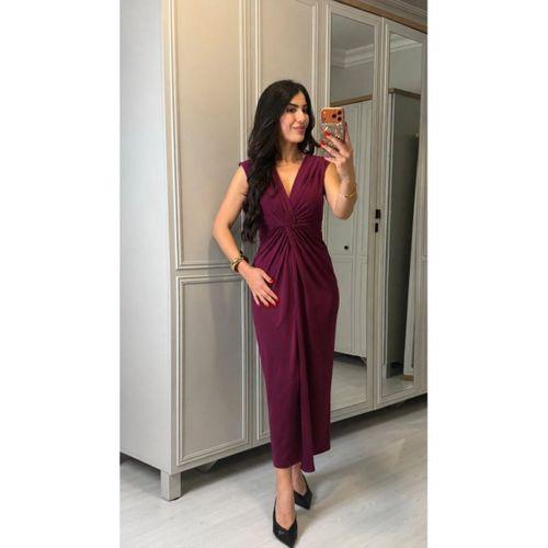 Kadın Kısa Kollu V Yakalı önü Sarmal Detaylı Yırtmaçlı Sandy Midi Elbise