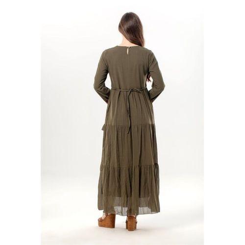 Uzun Kol Zeynep Bisiklet Yaka Nakışlı Uzun Vual Elbise Haki Hk