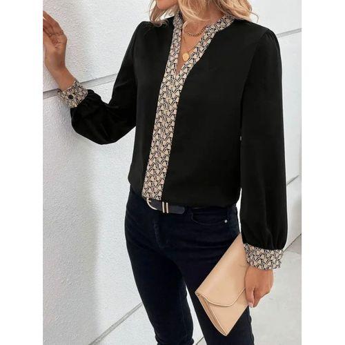 Kadın Uzun Kollu V Hakim Yakalı Desenli Ithal Krep Bluz