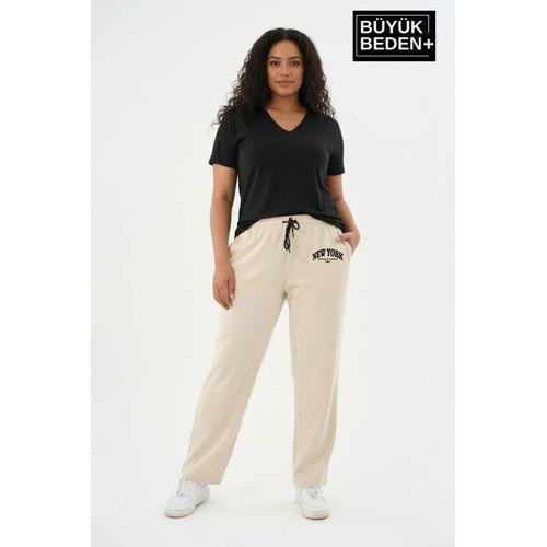 Kadın Büyük Beden New York Baskılı Rahat Kesim Paça Reçme ince Eşofman Altı SPR26EAk952-5