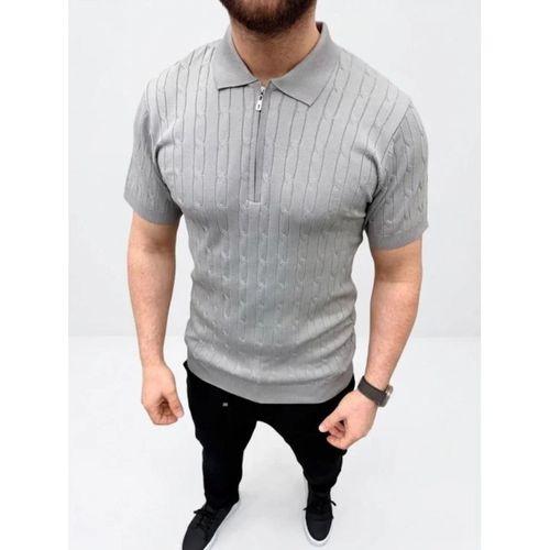 Erkek Yazlık Triko Saç Örgü Tişört Kısa Kol Polo Yaka Fermuarlı T-Shirt - Gri