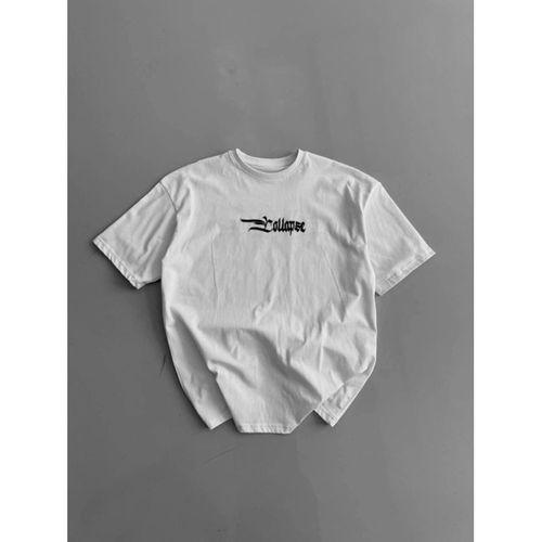 Baskılı Oversize Bisiklet Yaka T-shirt - Beyaz
