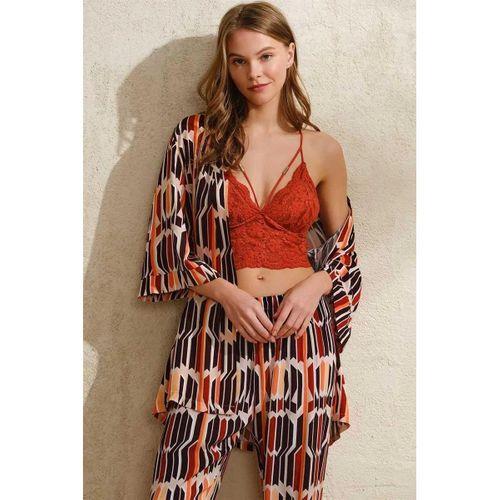Dokuma Viskon Geometrik Baskılı Sabahlık Balensiz Desteksiz Dolgusuz Yaka Detaylı Dantelli Büstiyer Sütyen Ve Pantolon Pijama 3'lü Takım