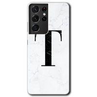 Galaxy S21 Ultra Kılıf HD Desen Baskılı Arka Kapak - Beyaz Mermer Desenli T Harfi + Kırılmaz Cam