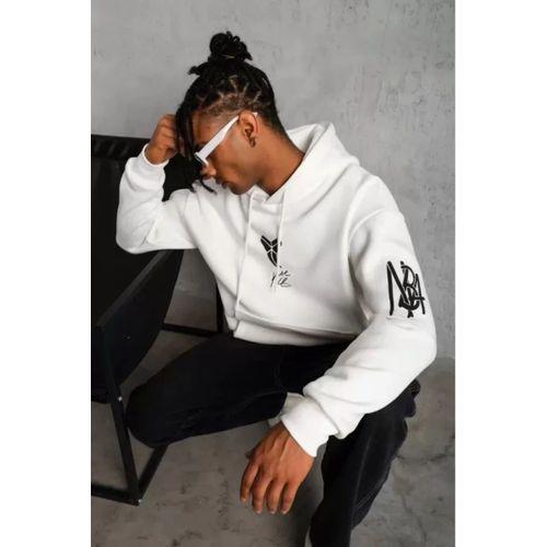 Unisex Sırt Baskılı Kapüşonlu Üç İplik Oversize Sweatshirt - Beyaz