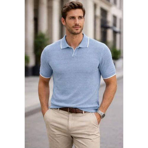 Erkek Triko Kumaş Yakalı Düğmesiz Açık Yaka Fitilli Kısa Kollu Regular Fit Tişört T-shirt - Bebek Mavisi