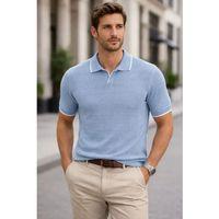 Erkek Triko Kumaş Yakalı Düğmesiz Açık Yaka Fitilli Kısa Kollu Regular Fit Tişört T-shirt - Bebek Mavisi