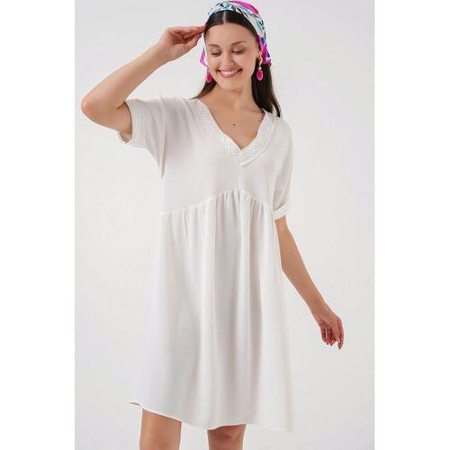 V Yaka Kısa Kol Elbise 2567 - Beyaz