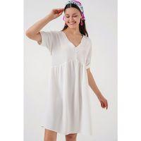 V Yaka Kısa Kol Elbise 2567 - Beyaz