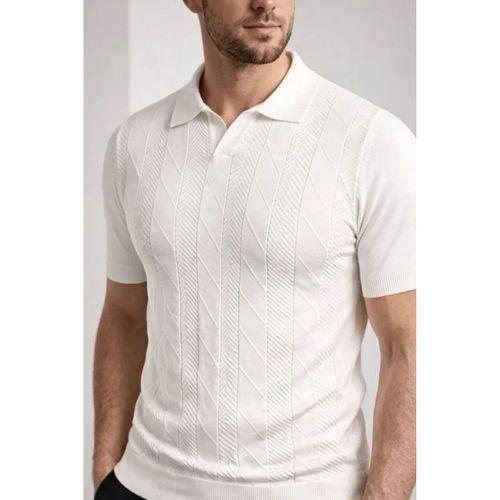 Erkek Yazlık Triko Dokuma Tişört Kısa Kol Polo Yaka T-Shirt - Beyaz