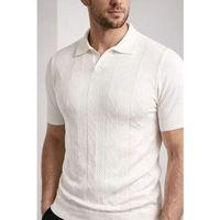 Erkek Yazlık Triko Dokuma Tişört Kısa Kol Polo Yaka T-Shirt - Beyaz