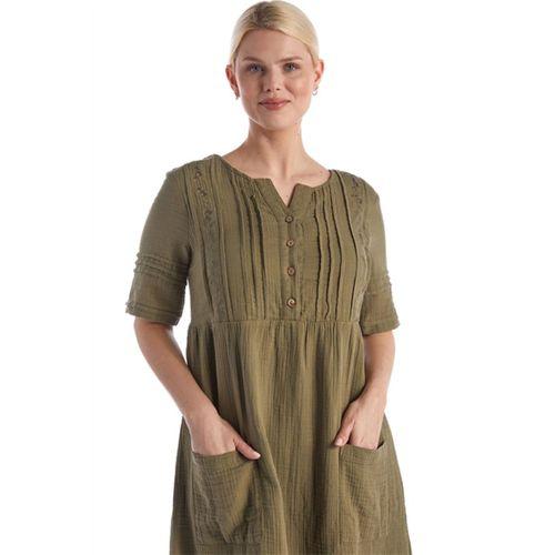 Kısa Kol Haki Kare Yaka Cep Detaylı Midi Boy Müslin Yazlık Elbise