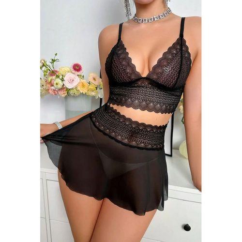 Kadın Siyah Dantel Ve Tül Detaylı Etekli Şık Gecelik Takımı