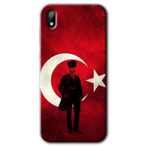 MRCİLETİSİM Huawei Y5 2019 Kılıf HD Desen Baskılı Arka Kapak + Temperli Cam - Atatürk Bayrak