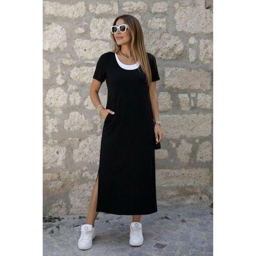 Kadın Kısa Kollu Içi Atlet Görünümlü Yandan Yırtmaçlı Uzun Viskon Elbise