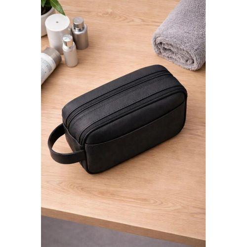 Desmond Erkek Deri El Tutmalı Çift Fermuarlı ve Cepli Seyahat & Bakım Çantası - Siyah