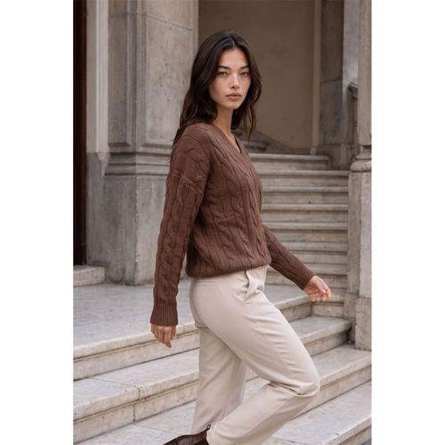 Alina Saç Örgülü V Yaka Kadın Triko Kazak - Kahve