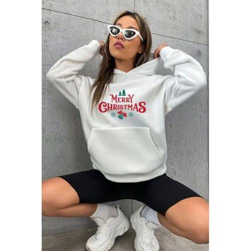 Yılbaşı Merry Christmas Baskılı Oversize Kapüşonlu Sweatshirt Hoodie - Beyaz