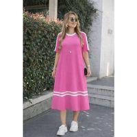 Kadın Kısa Kollu Bisiklet Yaka şerit Detaylı Midi Viskon Elbise