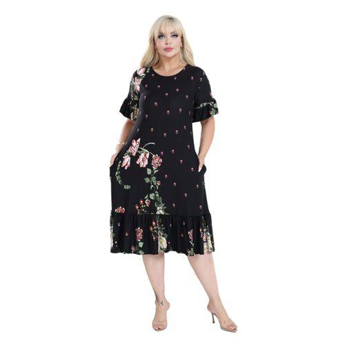 Melsay Butik Siyah Eteği Fırfırlı Sulu Pembe Çiçek Desen Cepli Kadın Elbise