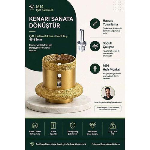 Mermer Granit Seramik İçin M14 Uyumlu Çift Kademeli Elmas Kenar Yuvarlama Profil Taşı 45-65mm 723580