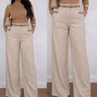 Kadın Yüksek Bel Geniş Paça Detaylı Cepli Ithal Krep Pantolon