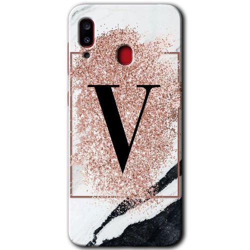 Potkal Hediye Fabrikası Samsung Galaxy A20 Kılıf HD Desen Baskılı Arka Kapak - Pembe Mermer Desenli V Harfi