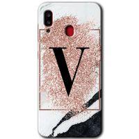 Potkal Hediye Fabrikası Samsung Galaxy A20 Kılıf HD Desen Baskılı Arka Kapak - Pembe Mermer Desenli V Harfi
