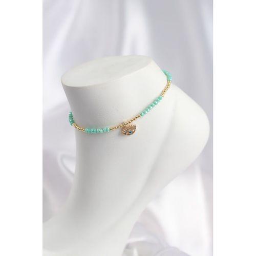 Su Yeşili Renk Boncuklu Nazarlı Göz Figürlü Halhal