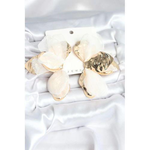 Pirinç Gold Renk Beyaz Tüllü Lotus Kadın Küpe