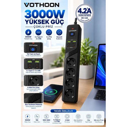 4’lü Akım Korumalı Çoklu Priz 4 Type-c 2 Usb Girişli 4.2a Hızlı Şarj Destekli Priz 3000w