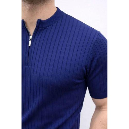 Erkek Kısa Kol Fitilli Triko T-Shirt Yazlık Hakim Yaka Tişört - Lacivert