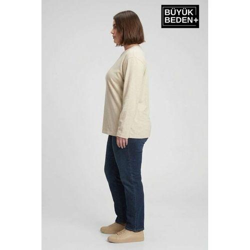 Kadın Büyük Beden Uzun Kollu 2 İplik Bisiklet Yaka Tişört