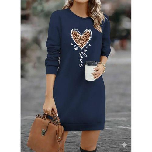 Kadın Uzun Kollu Bisiklet Yaka Kalp Desenli Kısa Viskon Elbise