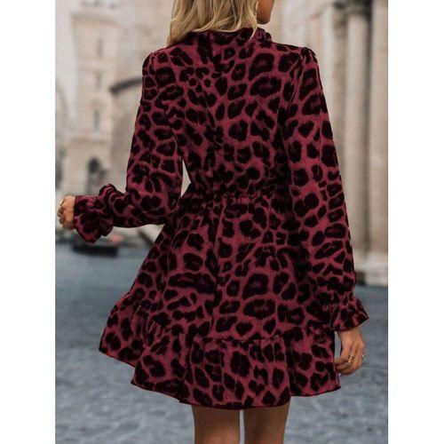 Kadın Uzun Kollu Yakadan Bağcıklı Modal Leopar Desenli Mini Elbise
