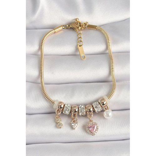 Pirinç Gold Renk Zincir Zirkon Taşlı Sallantı Kalp Model İnci Detay Charm Kadın Bileklik
