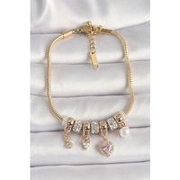 Pirinç Gold Renk Zincir Zirkon Taşlı Sallantı Kalp Model İnci Detay Charm Kadın Bileklik