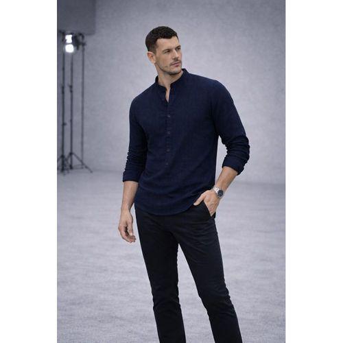 Hafif ve Nefes Alabilir Erkek Müslin Yarım Pat Hakim Yaka Oversize Gömlek - Lacivert