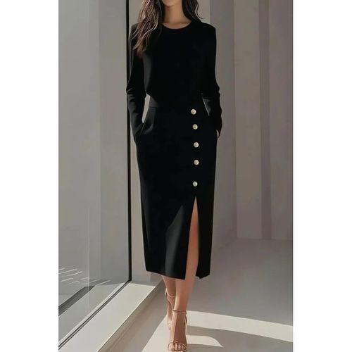 Kadın Uzun Kollu Bisiklet Yakalı Yandan Yırtmaçlı Düğmeli Midi Ithal Krep Elbise