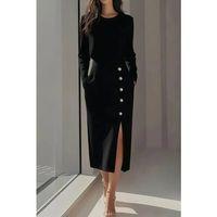 Kadın Uzun Kollu Bisiklet Yakalı Yandan Yırtmaçlı Düğmeli Midi Ithal Krep Elbise