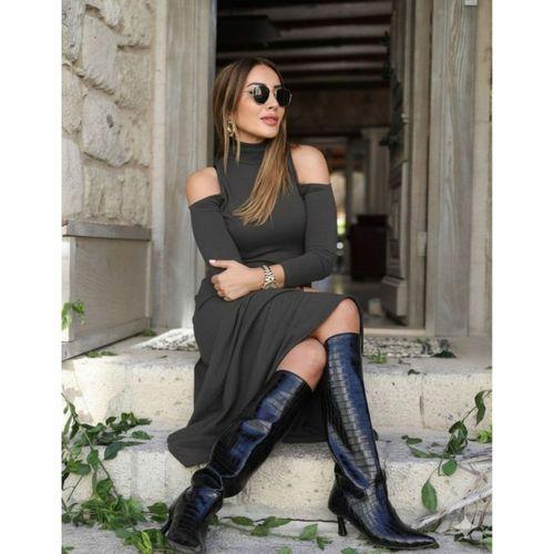 Kadın Balıkçı Yaka Omuzlardan Açık Uzun Kollu Janjan Krep Elbise