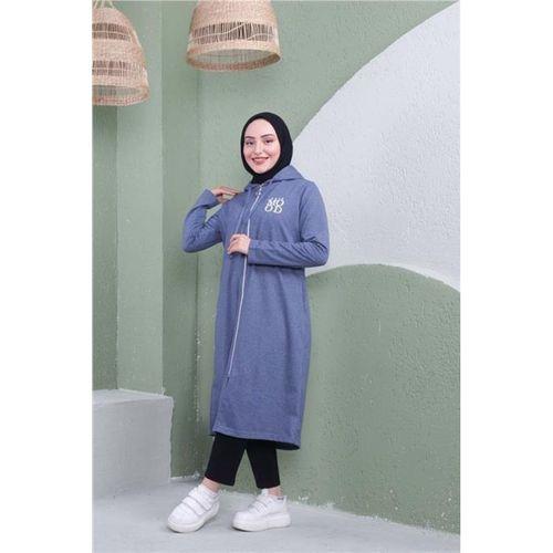 Yazı Baskılı Fermuarlı Kapşonlu Uzun Sweat - 03081.006 - İndigo