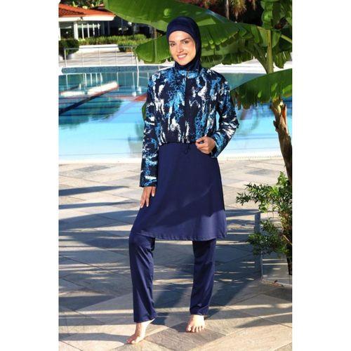 Estiva 26972 Lacivert Marble Tam Kapalı Croplu Pantolonlu Tesettür Mayo