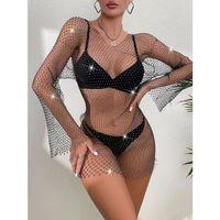 Kadın Siyah Kristal Taşlı File Kollu Kısa Elbise