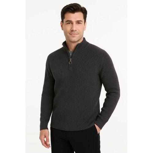 Erkek Yarım Fermuarlı Triko Kazak – Selanik Örgü, Dik Yaka, Pamuklu Dokuma, Regular Fit Uzun Kollu Kışlık Model - Füme