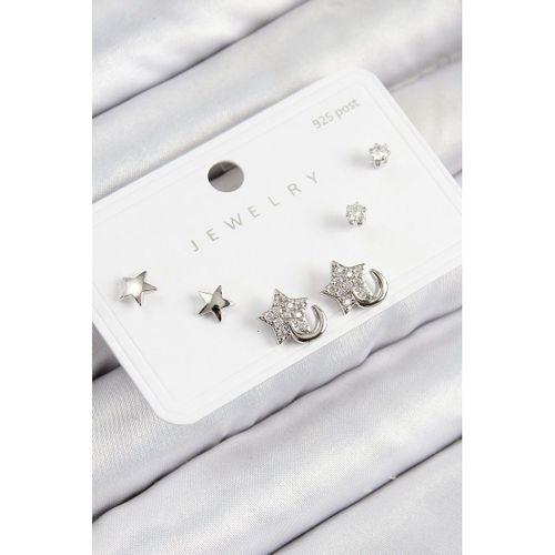 Pirinç Zirkon Taşlı Yıldız Model Gümüş Renk 925 Ayar Gümüş Çivi Kadın Küpe Set
