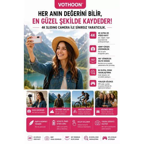 Dijital Kamera 4k Hd 48mp 16x Zoom Flaşlı Kayar Retro Video Kamera 2.8’’ Ekran 64gb Sd Kart Hediyeli Pembe