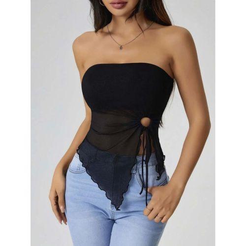 Kadın Siyah Crop Bluz Önden Halka Detaylı Büzgülü Şık Kadın Üst Giyim Özel Tasarım
